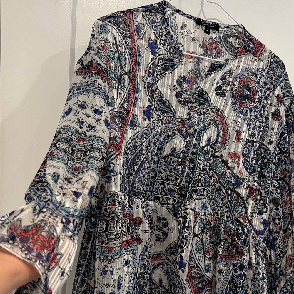 Paisley Print Long-Sleeve Peasant Button Down Top - White/Blue NWOT - Picture 7 of 9
